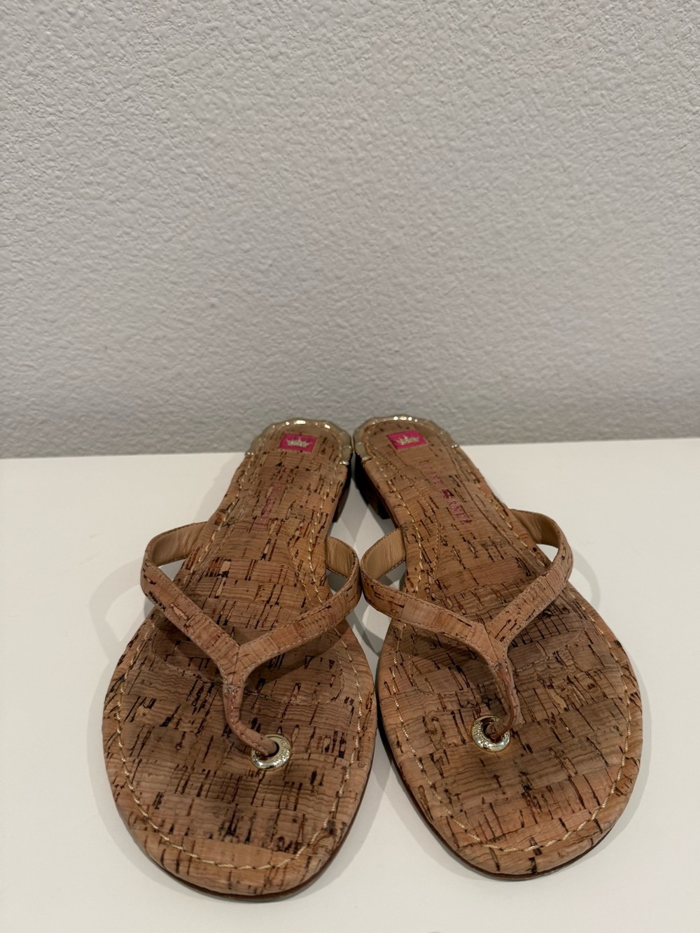 Elaine Turner Cork Leather Flip Flop Sandals Gold Bamboo Heel Accent Size 7